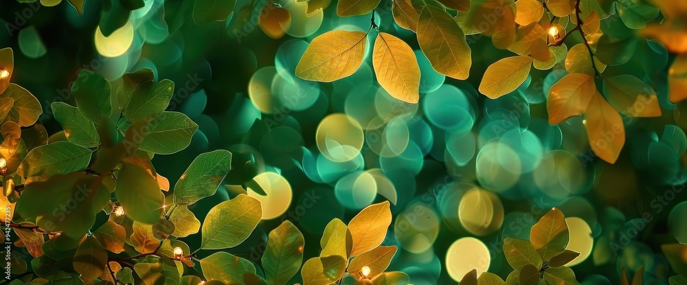 Golden Leaves and Bokeh Lights in a Forest Golden Leaves and Bokeh Lights in a Forest