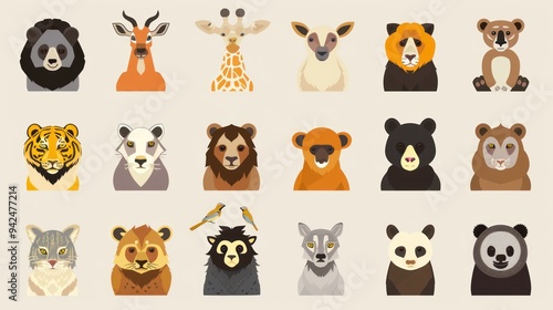 Cute Animal Portraits with Flat Design.