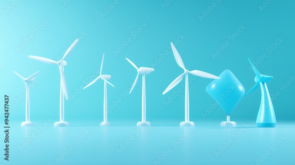 A minimalist representation of wind turbines and a blue object on a soft blue background. A minimalist representation of wind turbines and a blue object on a soft blue background.