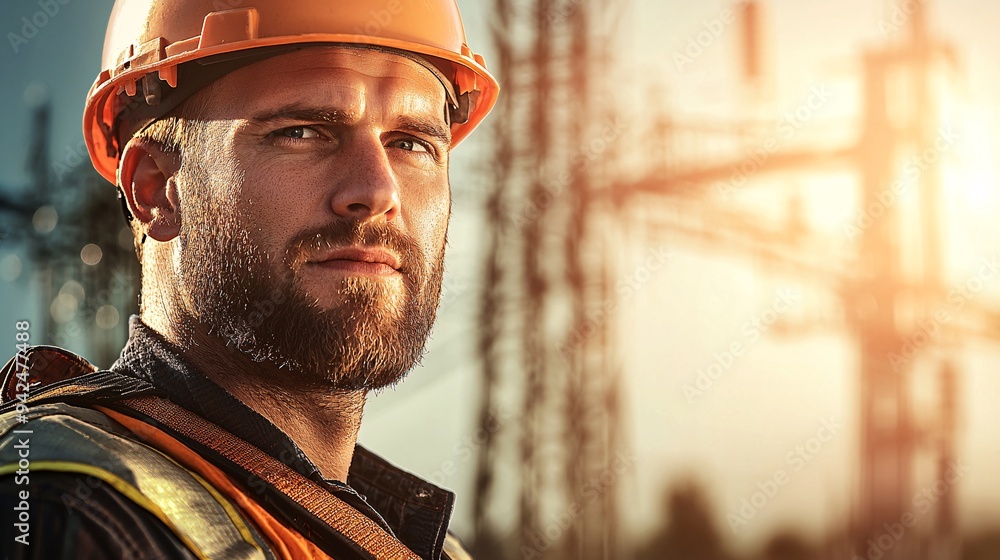 Electrician portrait. Man wearing helmet and eyeglasses with electric suite Electrician portrait. Man wearing helmet and eyeglasses with electric suite