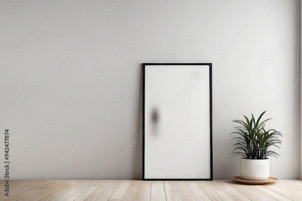Empty Picture Frame with Plant on Wooden Floor Empty Picture Frame with Plant on Wooden Floor