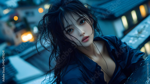A young woman with long bla...