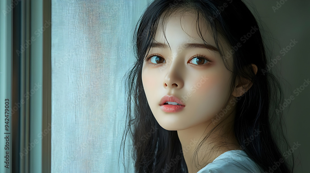A young woman with long dark hair looks out a window with a thoughtful expression. A young woman with long dark hair looks out a window with a thoughtful expression.