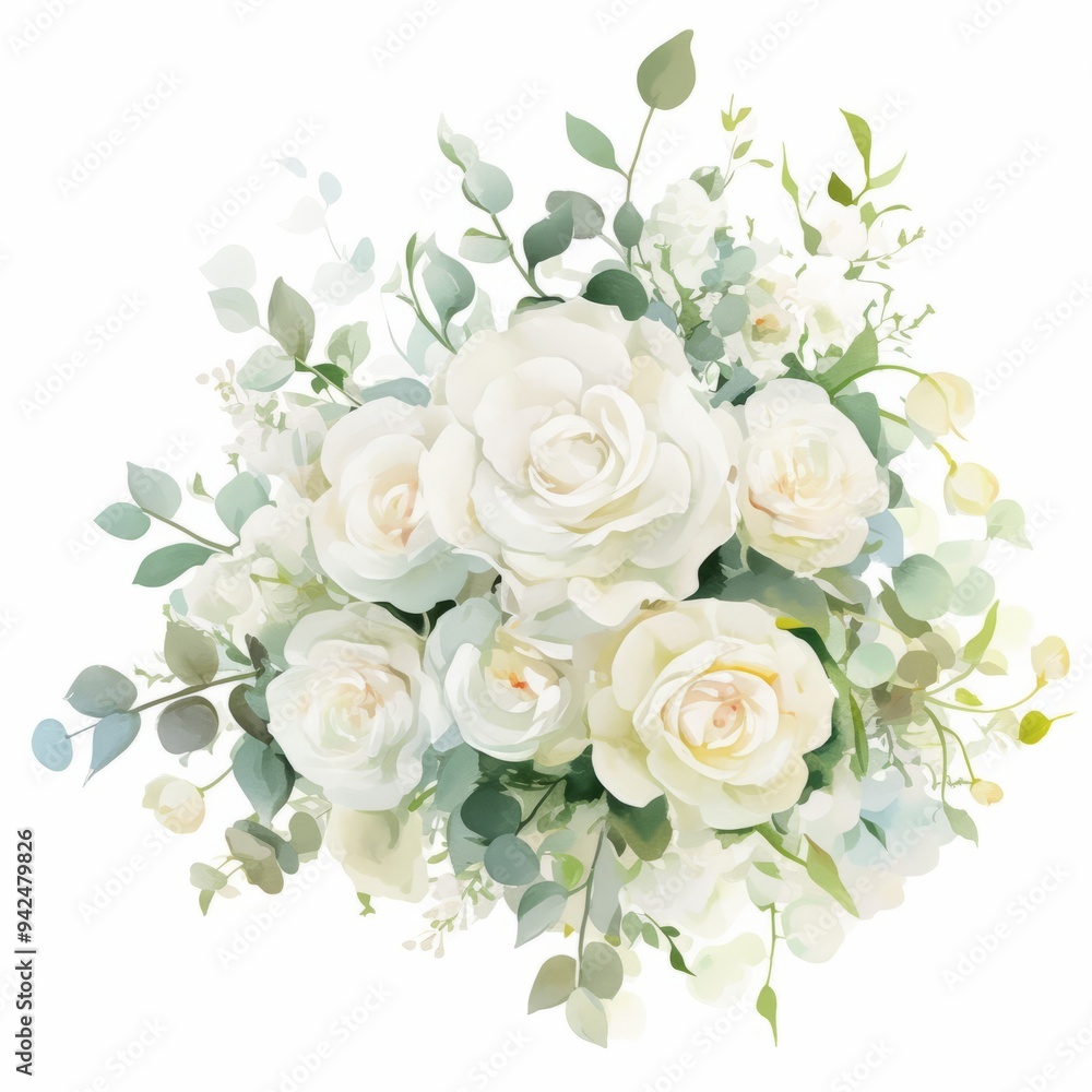 watercolor painting of a dreamy bouquet of white roses and eucalyptus, on isolated white background watercolor painting of a dreamy bouquet of white roses and eucalyptus, on isolated white background