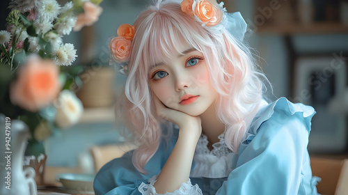 A young woman with pink hai...