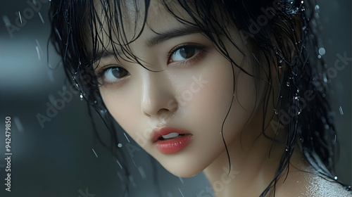 A young woman with wet hair...