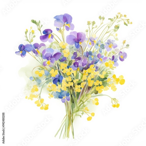 watercolor painting of a fresh bouquet of spring violets and buttercups, on isolated white background