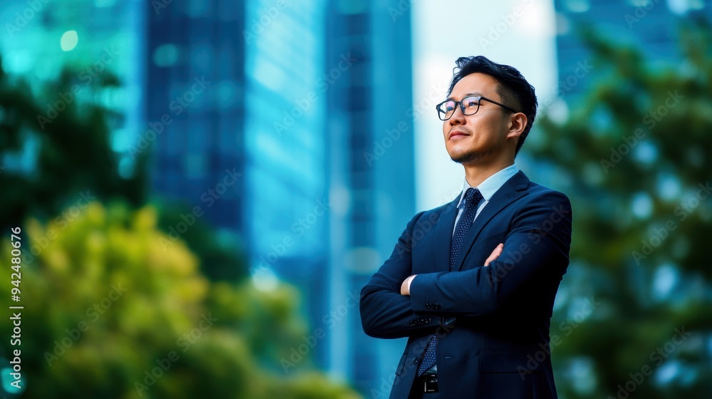 Confident businessman standing outdoor in urban setting, arms crossed, looking forward with determination and professionalism. Confident businessman standing outdoor in urban setting, arms crossed, looking forward with determination and professionalism.