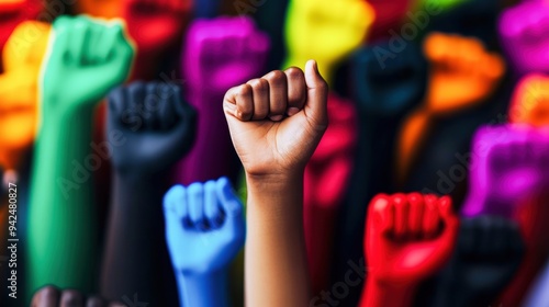 Colorful raised fists symbolize unity, strength, and diversity in a powerful demonstration of solidarity and social justice. photo