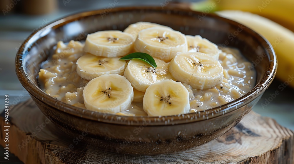 A healthy oatmeal breakfast bowl topped with fresh banana slices, served in a rustic brown ceramic bowl on a wooden coaster. A healthy oatmeal breakfast bowl topped with fresh banana slices, served in a rustic brown ceramic bowl on a wooden coaster.