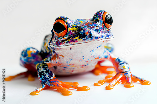 a cute frog covered in colorful paint, white background   photo