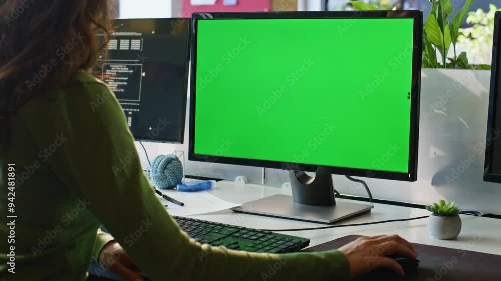 Employee watching greenscreen computer workplace closeup. Businesswoman working