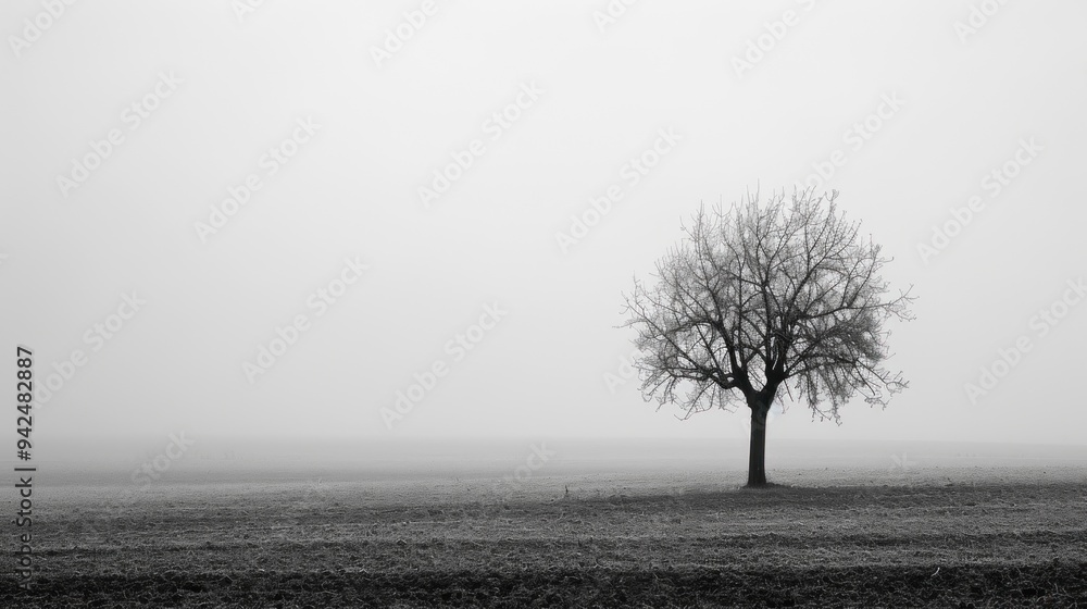 Obraz premium Solitary Tree in Foggy Field.
