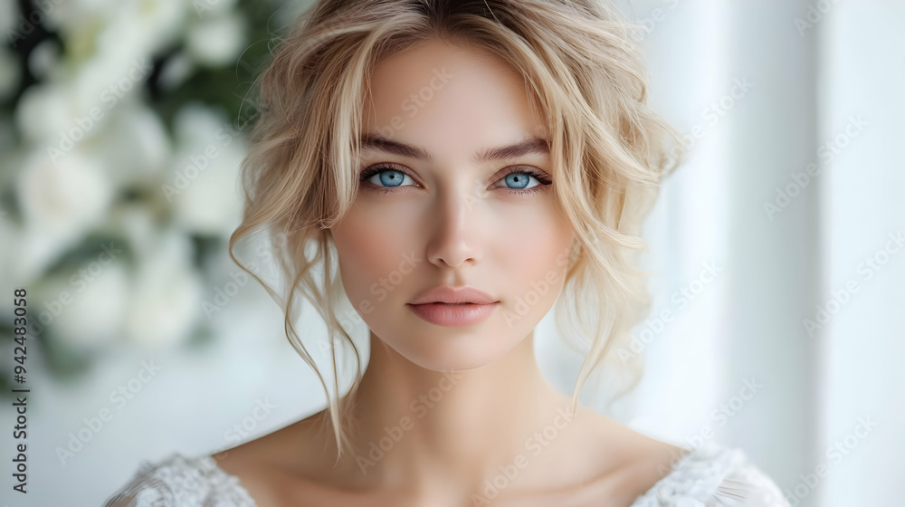 Beautiful blonde woman with blue eyes looking at camera. Beautiful blonde woman with blue eyes looking at camera.