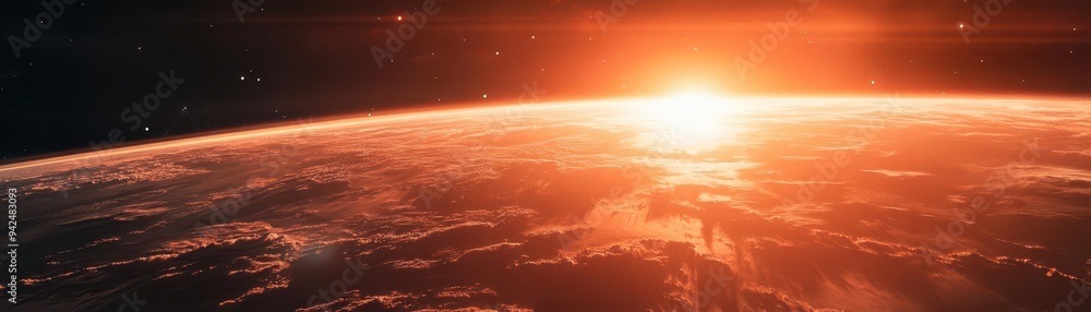 A futuristic space station orbiting a dangerously overheated Earth, glowing with a redhot aura A futuristic space station orbiting a dangerously overheated Earth, glowing with a redhot aura