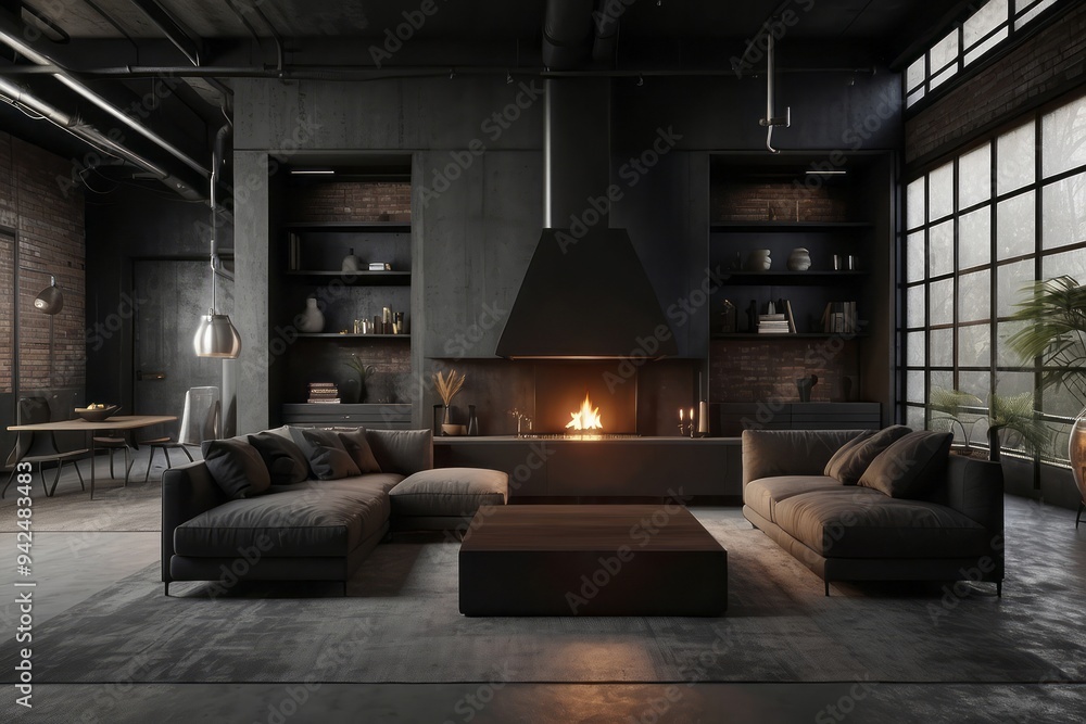 Fototapeta premium Modern Industrial Living Room with Fireplace and Large Windows