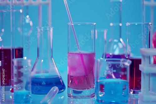 A blue and white background with test tubes, beakers of different sizes filled with various colorful liquid with laboratory equipment in the foreground. The focus is on one glass tube containing purpl