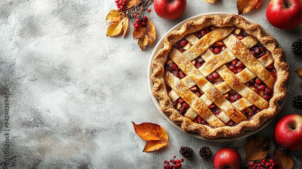Apple pie decorated with lattice overhead shot, fall baking concept Apple pie decorated with lattice overhead shot, fall baking concept