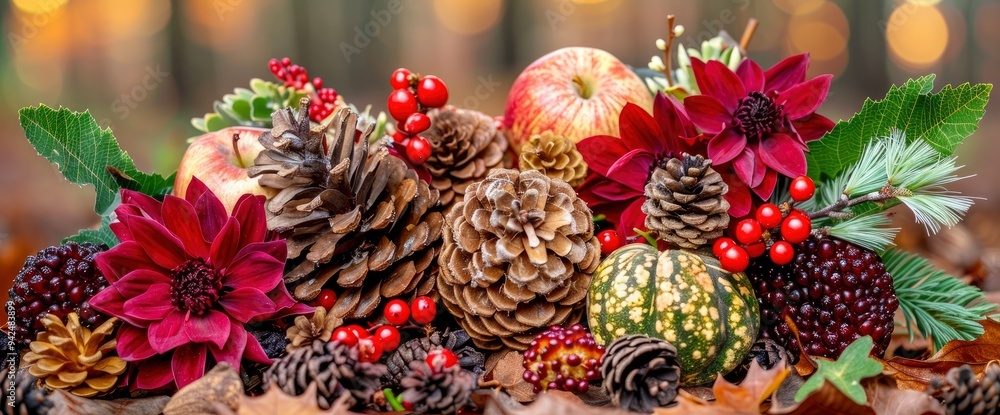 Autumnal Tabletop Arrangement with Pine Cones, Apples, and Gourds Autumnal Tabletop Arrangement with Pine Cones, Apples, and Gourds