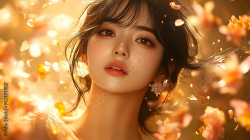 Beautiful woman with brown hair and eyes surrounded by falling petals.