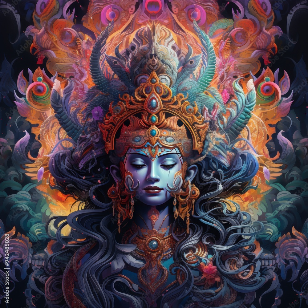 A vibrant depiction of a goddess with intricate details and colorful elements. A vibrant depiction of a goddess with intricate details and colorful elements.
