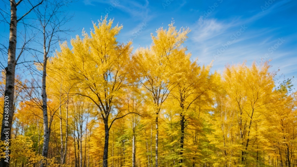 Fototapeta premium Scenic autumn forest with vibrant yellow trees, representing the beauty of nature and seasonal change.