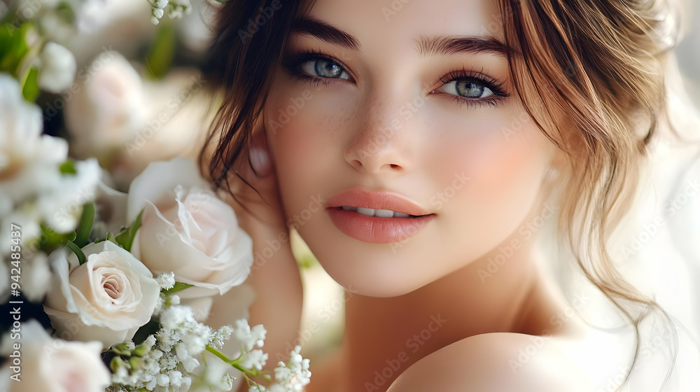 Beautiful woman with perfect skin and makeup, looking at camera with white roses. Beautiful woman with perfect skin and makeup, looking at camera with white roses.
