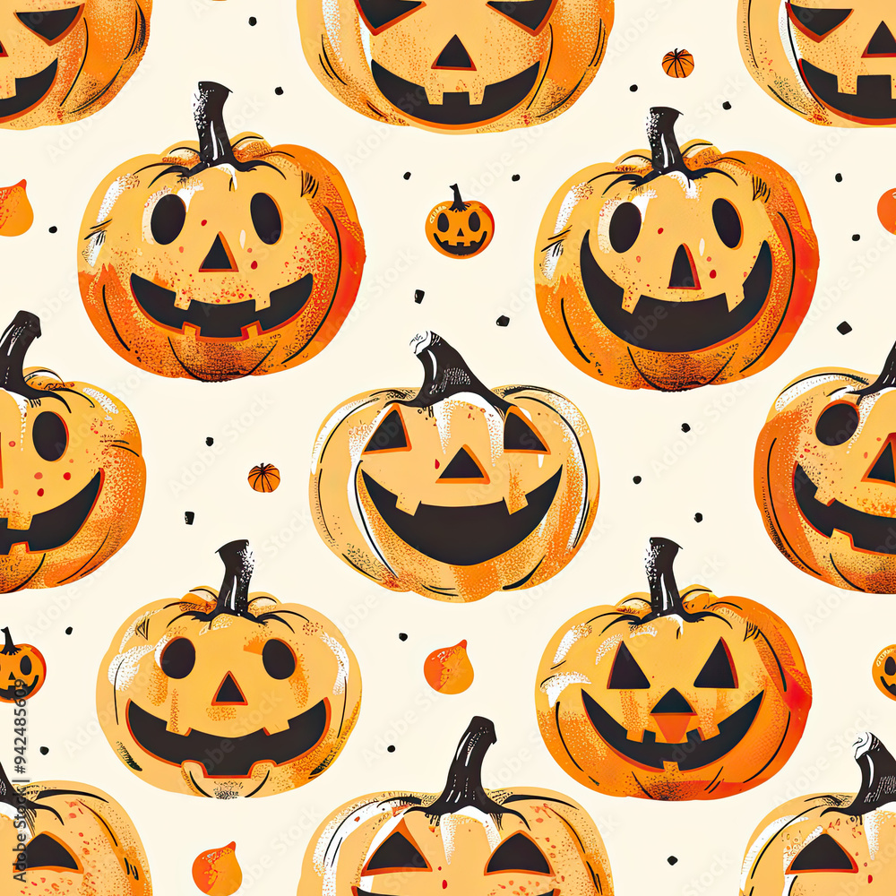 Seamless retro pattern for Halloween holiday with fun pumpkin jack o lantern. Childish vintage background for fabric, wrapping paper, textiles, wallpaper and apparel. Vector illustration Seamless retro pattern for Halloween holiday with fun pumpkin jack o lantern. Childish vintage background for fabric, wrapping paper, textiles, wallpaper and apparel. Vector illustration