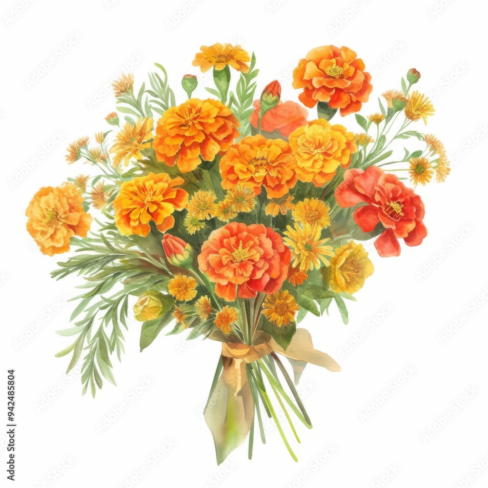 Obraz premium watercolor painting of a warm bouquet of marigolds and zinnias, on isolated white background