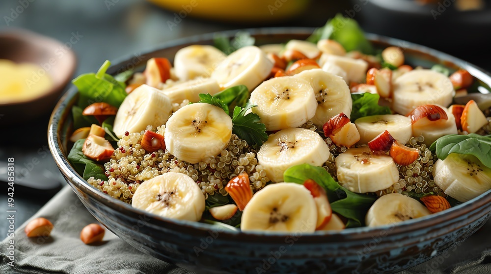 Healthy quinoa salad with sliced bananas, almonds, and fresh greens in a rustic dish, perfect for a nutritious vegan meal. Healthy quinoa salad with sliced bananas, almonds, and fresh greens in a rustic dish, perfect for a nutritious vegan meal.