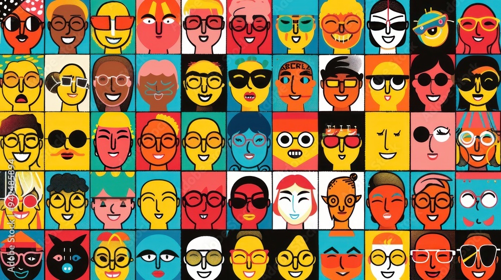 Obraz premium Colorful Illustration of Diverse Faces with Glasses.