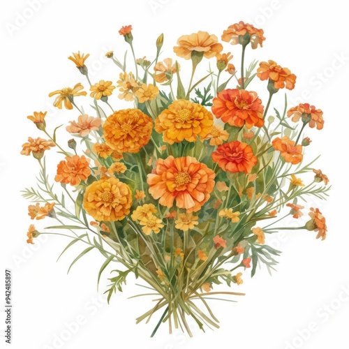 watercolor painting of a warm bouquet of marigolds and zinnias, on isolated white background