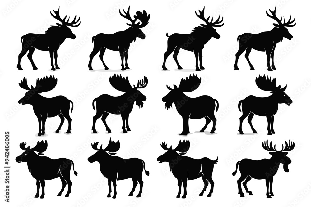 Fototapeta premium Moose silhouettes set, large pack of vector silhouette design