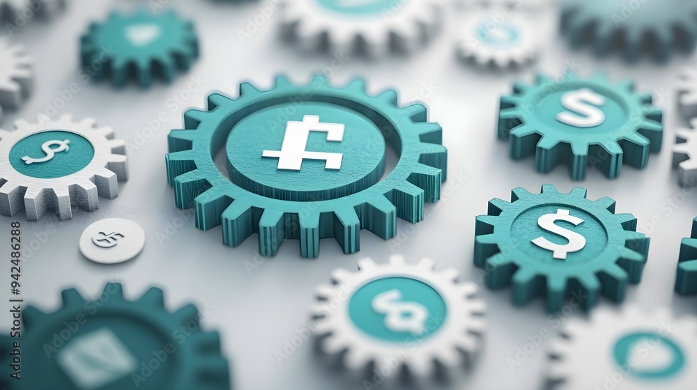 Interlocking Gears with Currency Symbols - Financial Growth Concept Interlocking Gears with Currency Symbols - Financial Growth Concept
