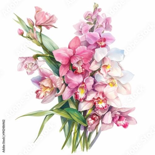 watercolor painting of an elegant bouquet of orchids in various colors, on isolated white background