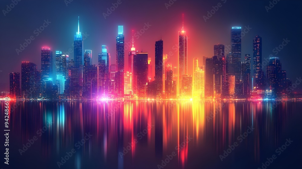 Neon Cityscape Night Lights Reflection Water Neon Cityscape Night Lights Reflection Water