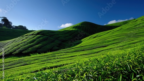 Gentle slopes of a tea plantation with the light of the afternoon sun enhancing the green hues, and a deep blue sky above.