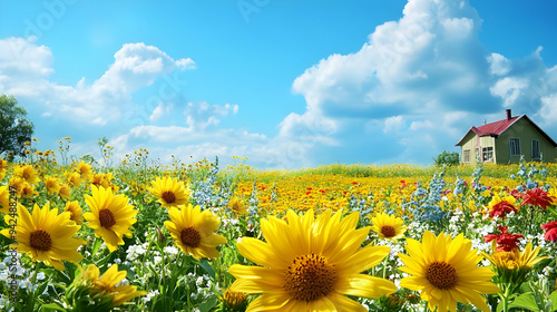 Bright yellow sunflowers bl...