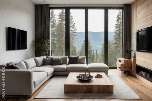 Modern Living Room with Sectional Sofa and Mountain View