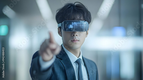 Businessman wearing VR head...