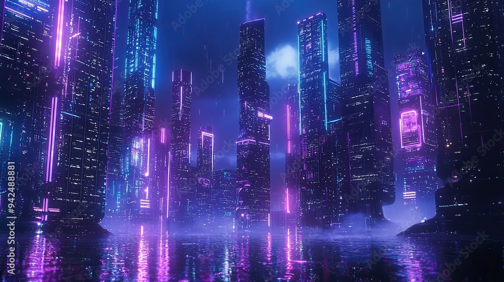 Fototapeta premium Cyberpunk Cityscape with Neon Lights and Reflections