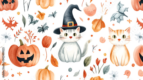 Adorable Halloween Cats with Pumpkins and Autumn Leaves - Perfect for Fall Decor