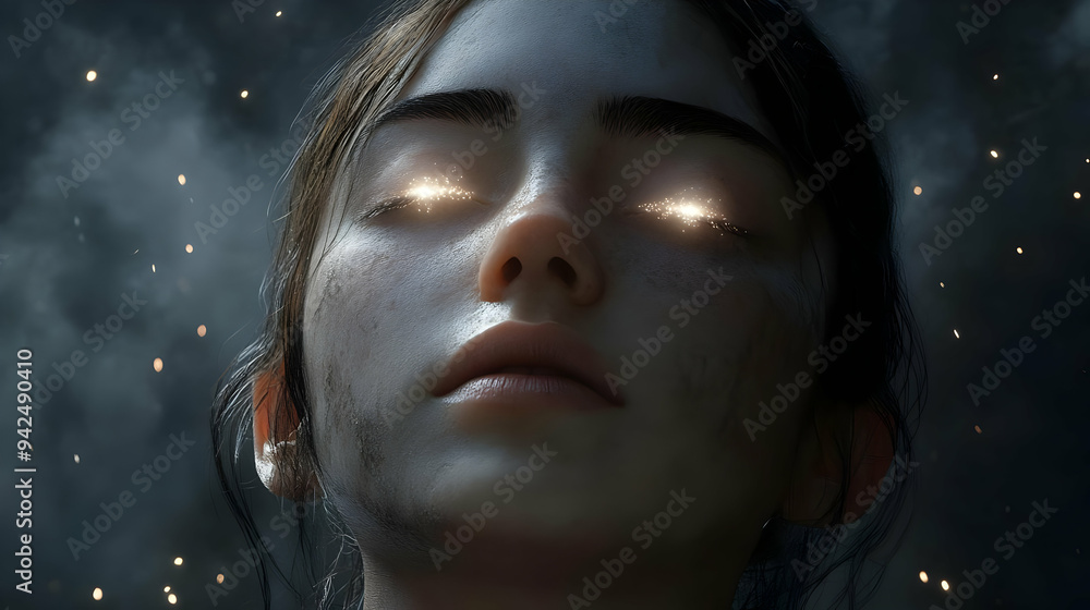 Close up of a woman's face with glowing eyes. Close up of a woman's face with glowing eyes.