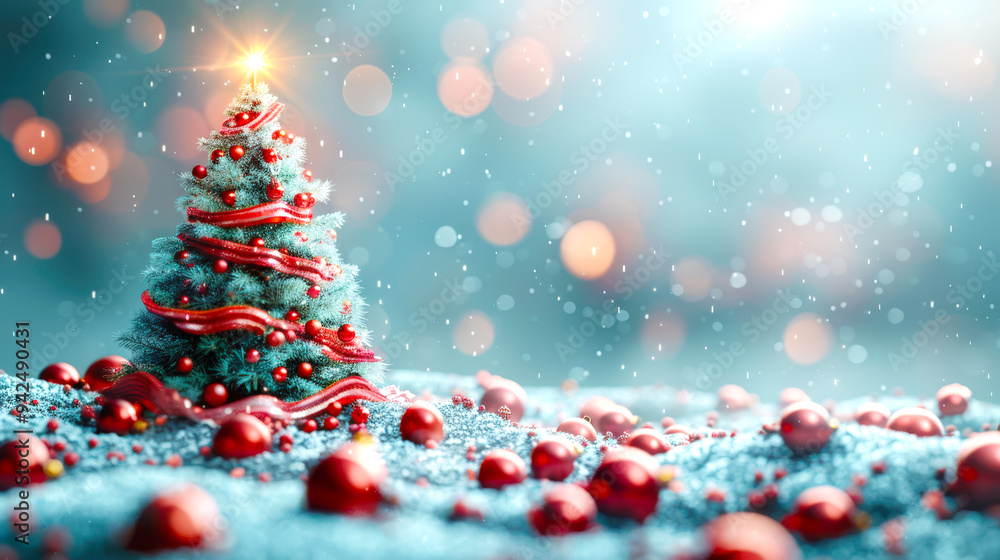 A Christmas card with copy space for text. A Christmas tree with red decorations is surrounded by a field of red Christmas balls. The scene is bright and cheerful A Christmas card with copy space for text. A Christmas tree with red decorations is surrounded by a field of red Christmas balls. The scene is bright and cheerful