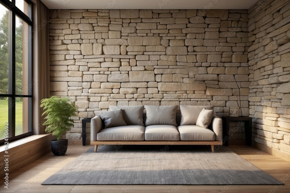 Naklejka premium Modern Living Room with Stone Wall and Gray Rug