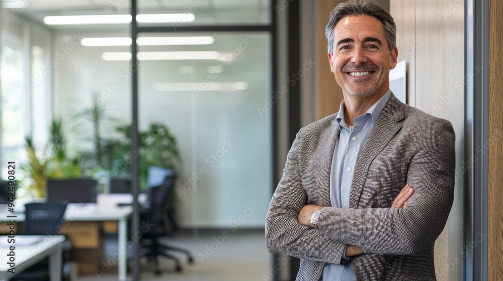 Obraz premium Successful business man smiling as he stands outside a meeting room in a professional workplace. Caucasian male executive looking away in reflection of his business accomplishments.
