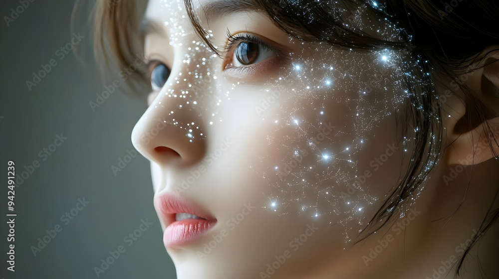 Close up of a young woman's face with sparkling, glowing lines and dots on her skin. Close up of a young woman's face with sparkling, glowing lines and dots on her skin.