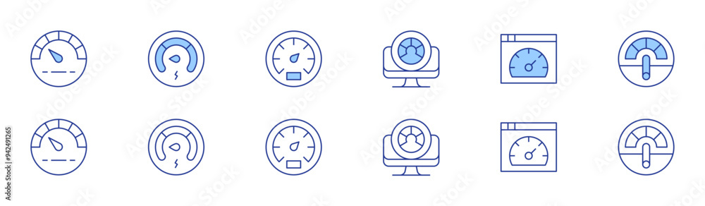 Speedometer icon set in two styles, Duotone and Thin Line style. Editable stroke. performance, speedometer, lowenergy, racetrack, speedtest Speedometer icon set in two styles, Duotone and Thin Line style. Editable stroke. performance, speedometer, lowenergy, racetrack, speedtest