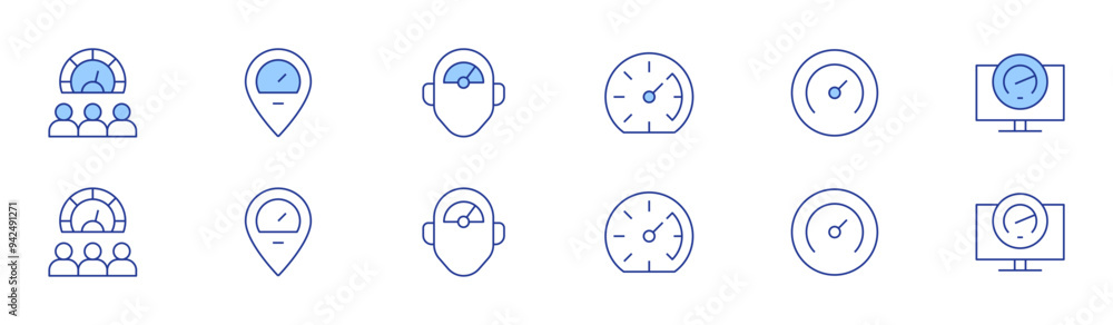 Speedometer icon set in two styles, Duotone and Thin Line style. Editable stroke. meter, speedometer, pressure, overload Speedometer icon set in two styles, Duotone and Thin Line style. Editable stroke. meter, speedometer, pressure, overload