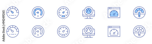 Speedometer icon set in two styles, Duotone and Thin Line style. Editable stroke. performance, speedometer, lowenergy, racetrack, speedtest